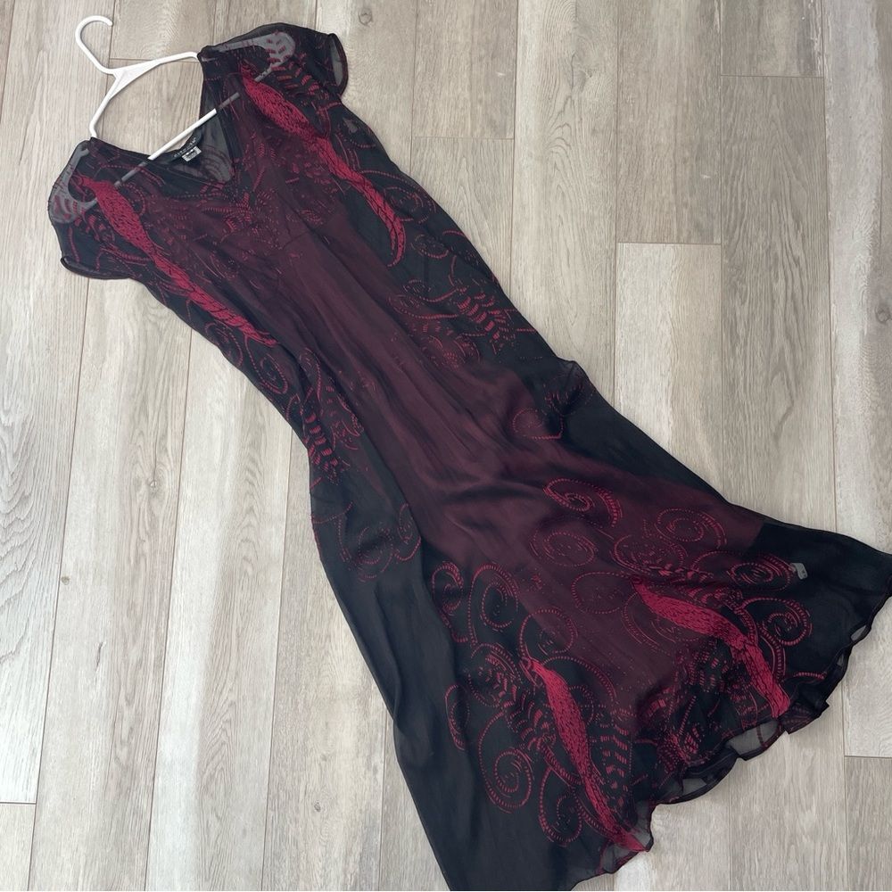 Citron Silk Dress peacock sheer midi womens Black Red medium whimsigoth feminine - Picture 4 of 7